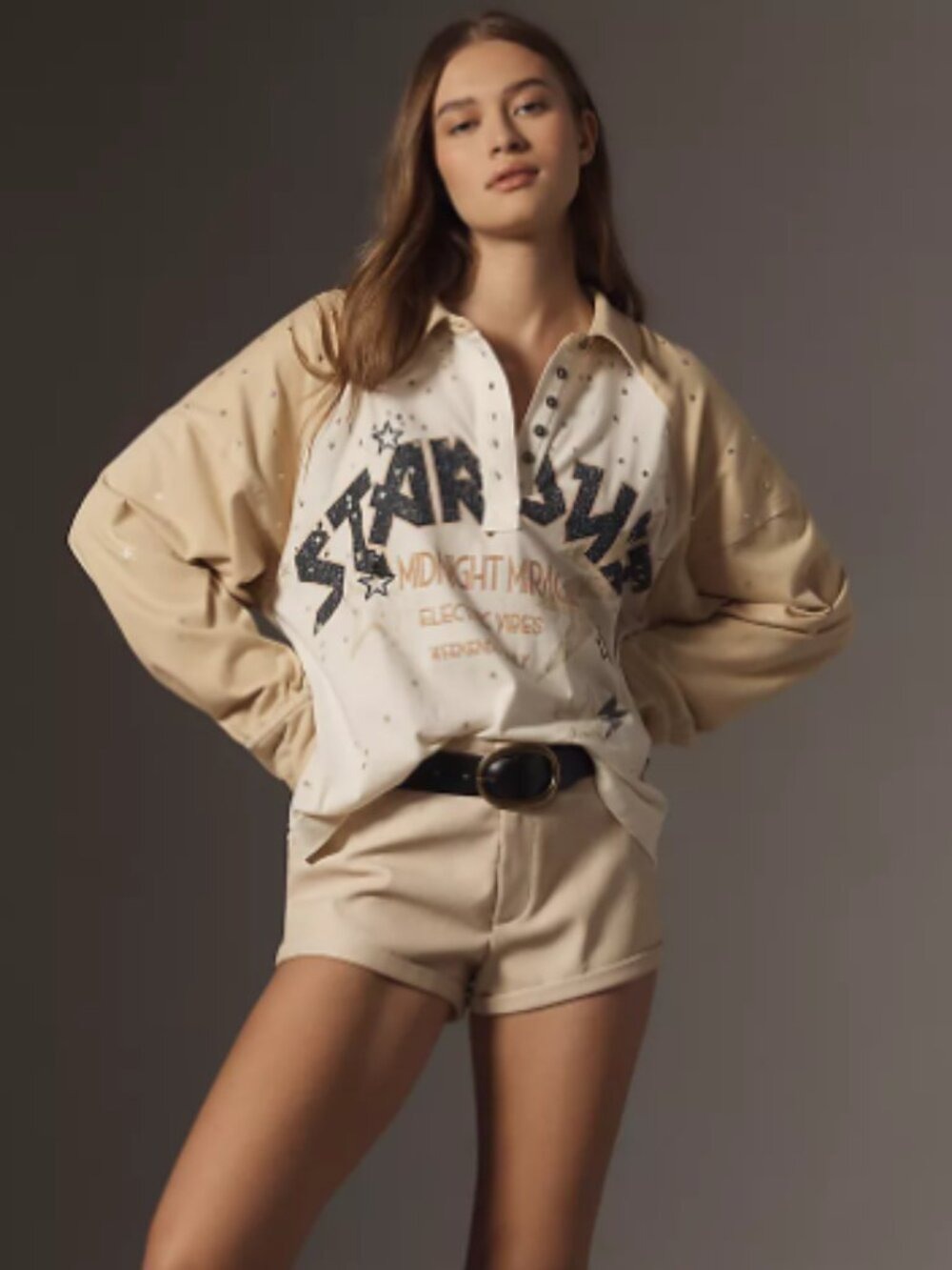 Anthropologie Pilcro Stardust Graphic Henley Knit Top Size M Oversized Boxy EUC